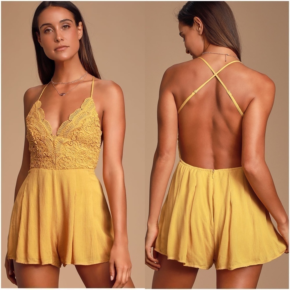 LULU’S Star Spangled Mustard Yellow Backless Lace Romper